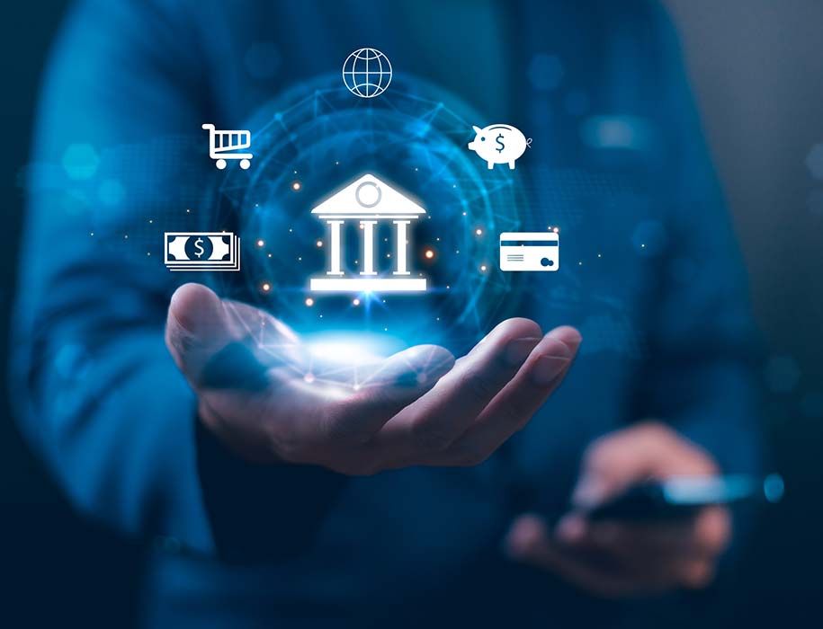 Personal with hand out displaying several financial icons